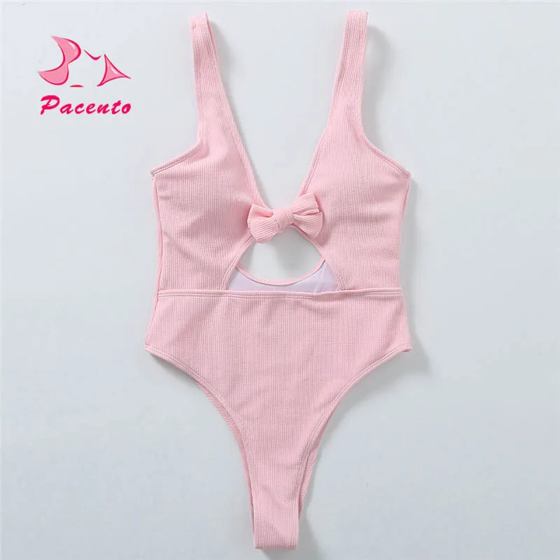 Pacento One Piece Swimsuit Women 2018 Summer Beach Solid Pink White Bikinis Mujer Front Tied Bathing Suit Thong Biquini | Спорт и