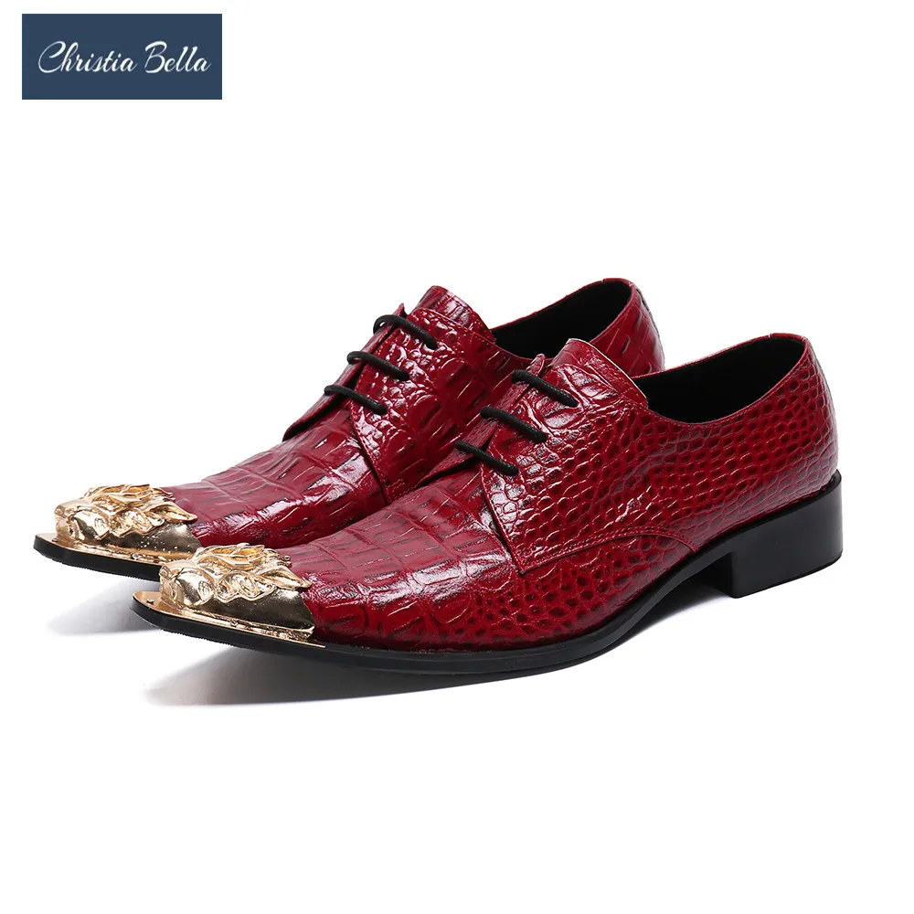 

Christia Bella Italian Men Oxford Shoes Red Genuine Leather Wedding Brogue Shoes Business Lace Up Men Dress Shoes Footwear