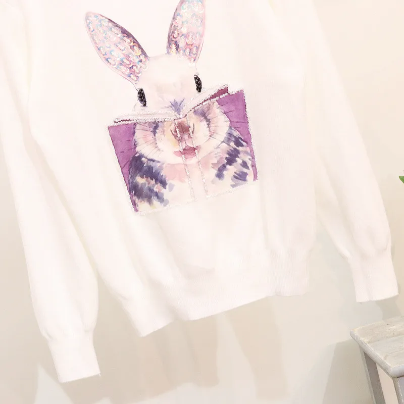 Spring Autumn European Cartoon Tops Bunny Beading Sweaters Long-sleeved Round Neck Women Fashion Jumpers White Knit Pullovers | Женская