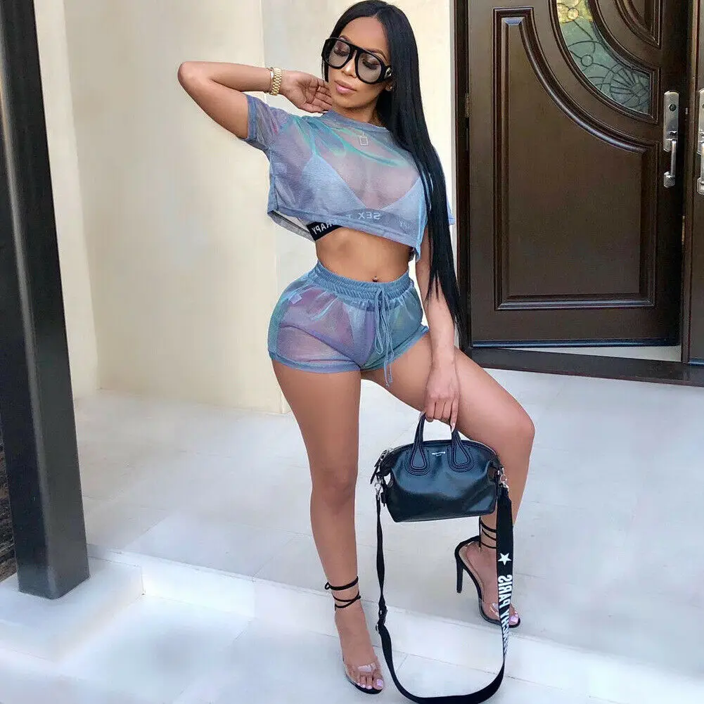 Горячая для женщин 2 шт. Боди Sexy Sheer полые сетки однотонные Модные женские комплект с шортами Ползунки Короткий рукав повседневное Playsuit