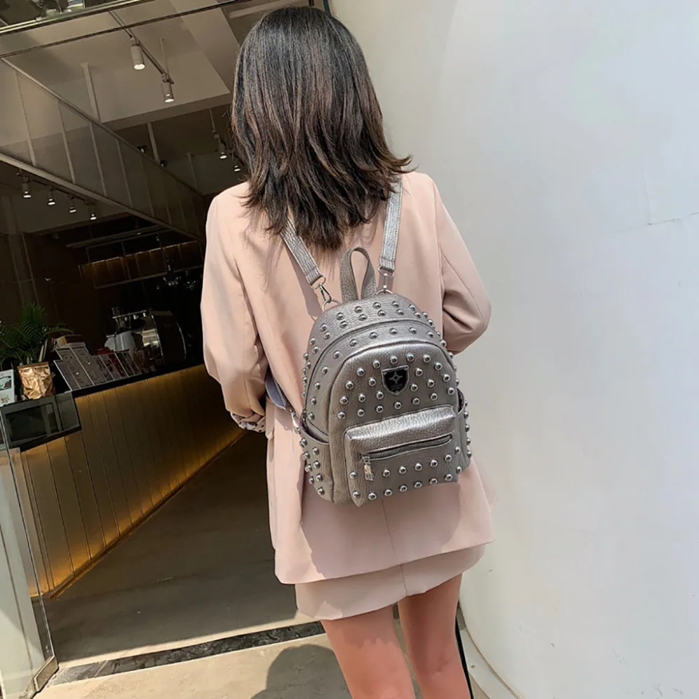 Studded versatile backpack fashion women's bag new casual backpack solid color student bag travel backpack Dropship Y612