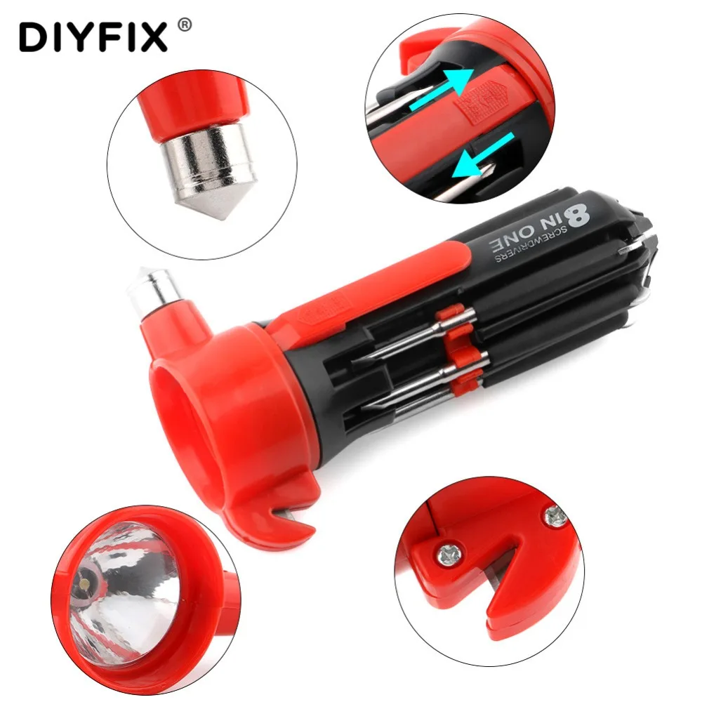 DIYFIX Portable 8 in 1 Screwdriver Set with 6 Both End LED Powerful Torch emergency Life hammer Multifunctional outdoor tool set |