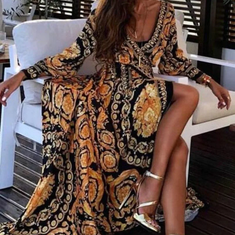 2018 New Style Fashion Elegant Women Sexy Boat Neck Glitter Deep V Print Dress Party Formal Long | Женская одежда