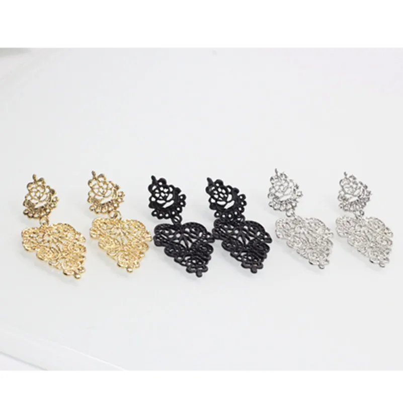 

Elegant Hollow Lace Flower Earrings for Women Statement Eardrop Exquisite Metal Earring Fashion Jewelry Wholesale e049
