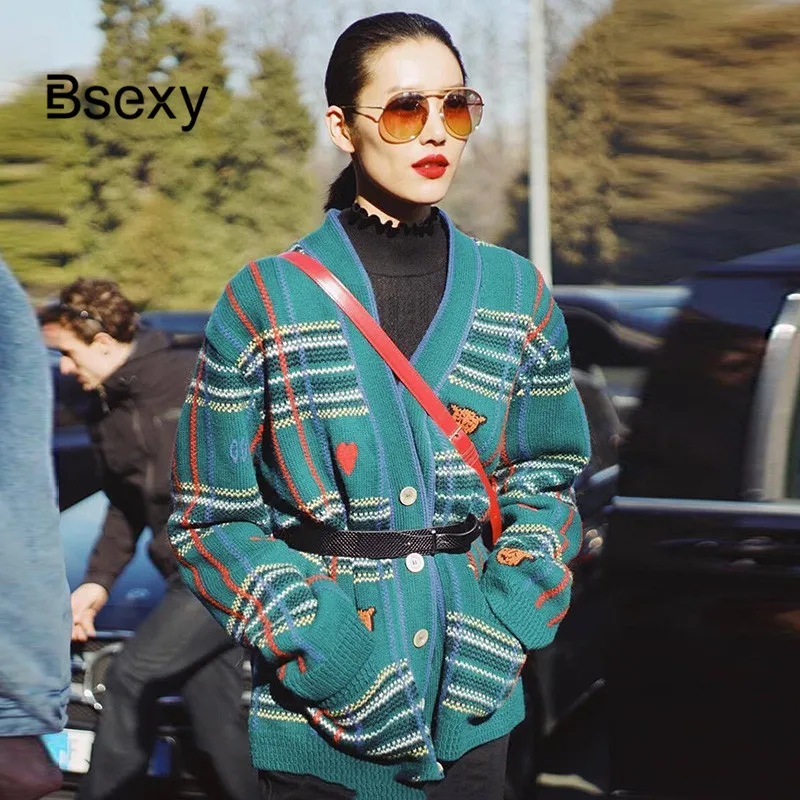 Дизайнерский Зеленый клетчатый женский кардиган для подиума 2019 весна вышивка