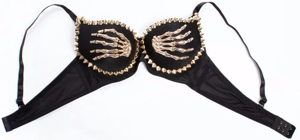 Женский бюстгальтер с заклепками золотистый эффектом пуш-апа и в стиле панк |