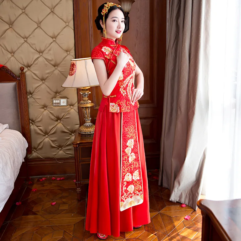 Красное традиционное шоу невесты вышивка cheongsam женатые костюмы китайский стиль