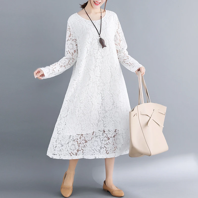 

2019 spring and fall Long Dresses Women's Fashion Loose Sexy Vestidos long sleeve Casual Office Party Lace Dress Plus size