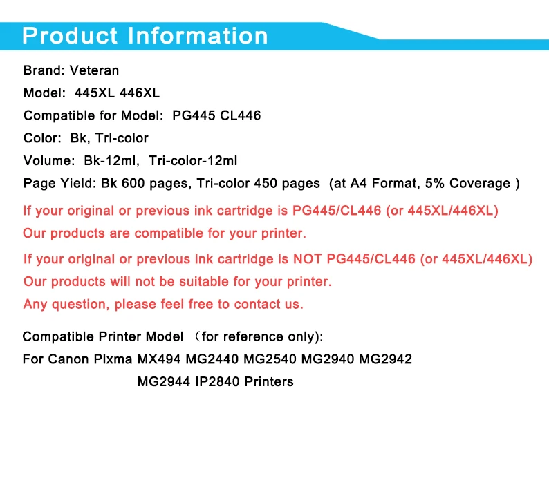 Ветеран чернильный картридж PG445 CL446 совместимый для Canon PG-445 CL-446 Pixma MG2540 MX494 MG2440 MG2940
