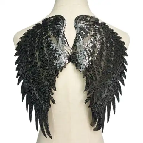 2 шт., Черные пайетки, перья, крылья ангела, Пришивные нашивки 33 см для платья, джинсовой рубашки, декоративные аппликации «сделай сам»