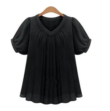 Black Женская рубашка, блузка большого размера плюс 5XL, Летние повседневные женские блузки с коротким рукавом, плиссированные шифоновые женские топы T7N010A - Цвет: Black