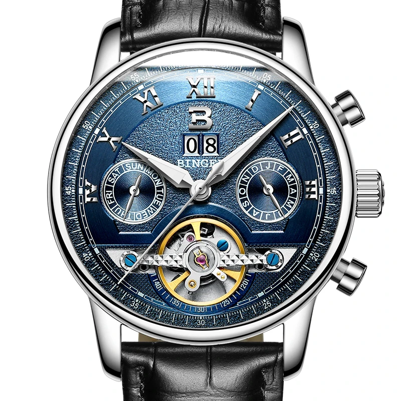 Швейцарские часы BINGER мужские люксового бренда Tourbillon многофункциональные