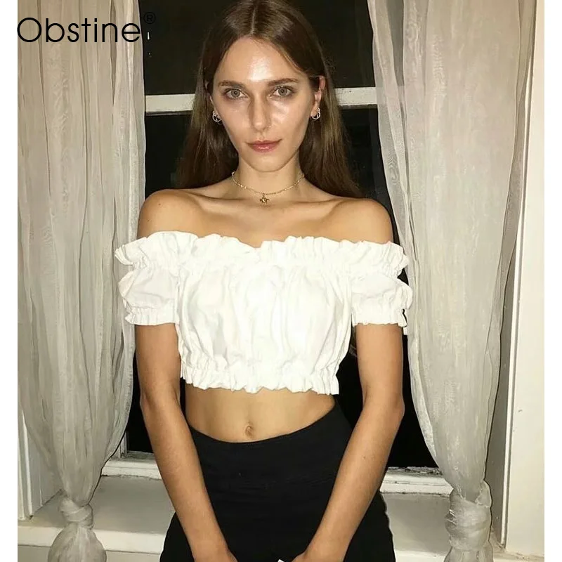 2018 летние Для женщин топы Sexy с открытыми плечами укороченный Топ короткий рукав