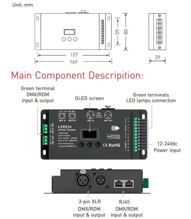 Светодиодный контроллер dmx декодера; DC12-24V вход; 6A* 5CH Max 30A выход RGB/RGBW XLR-3/RJ45 16 бит 65536 уровня