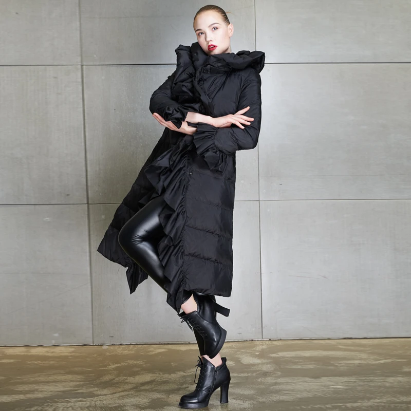Оборками Элегантный женский пуховик 2018 на осень зиму пальто длинное теплое с