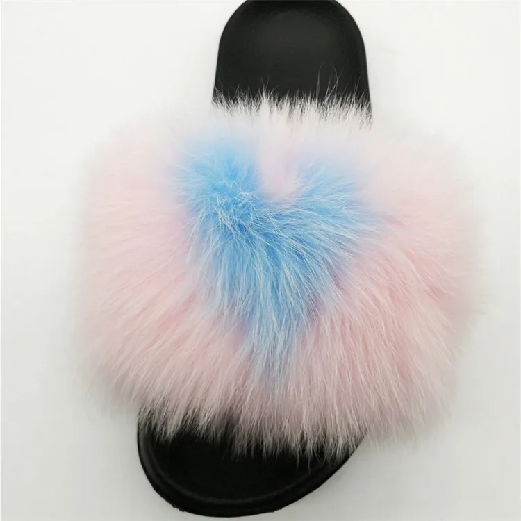 Women Fox Fur Slippers Real Fox Fur Slides Lovely Plush Slippers Woman Summer Home Sandals Women Fur Slides Furry Flip Flops Hot