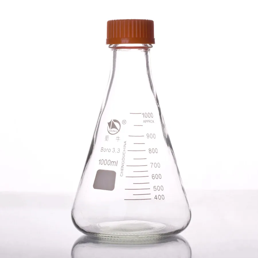Стеклянная колба Erlenmeyer с желтой пластиковой крышкой 1 л коническая бутылка 1000