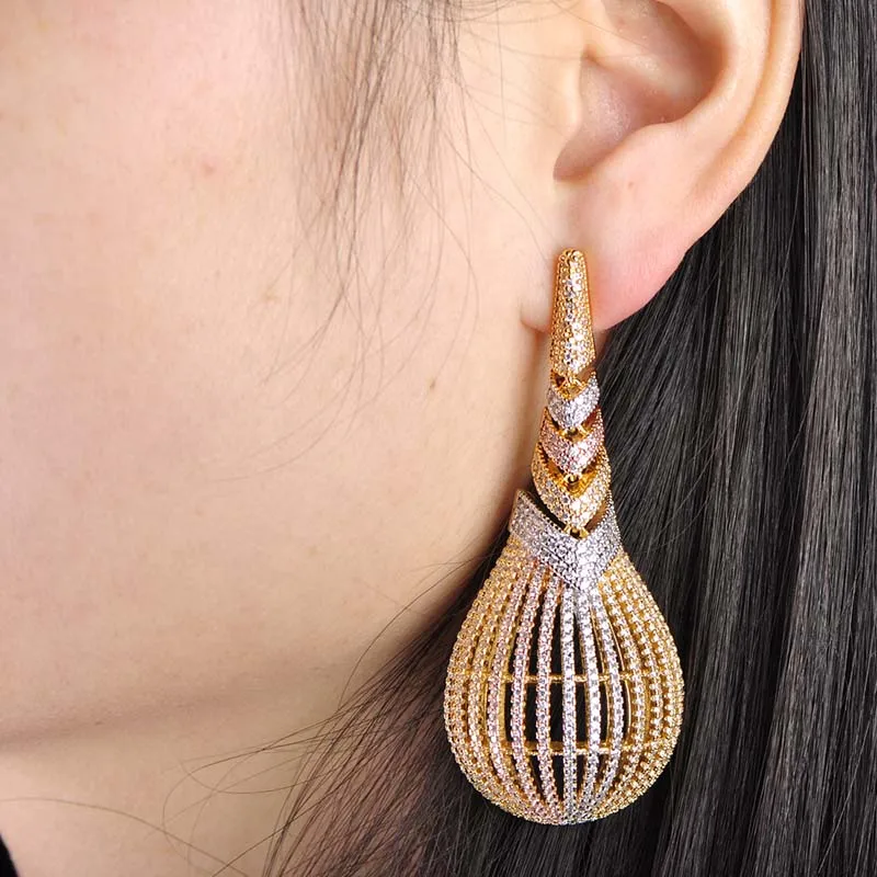 

Dazz Luxury Large Copper Earrings Three Tones Color Shiny CZ Zircon Big Drop Earrings Women Lady Party Wedding Jewelry Gifts