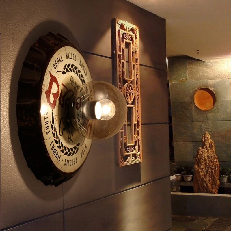 Настенный железный светильник E27 в стиле ретро с крышкой для бутылки пива