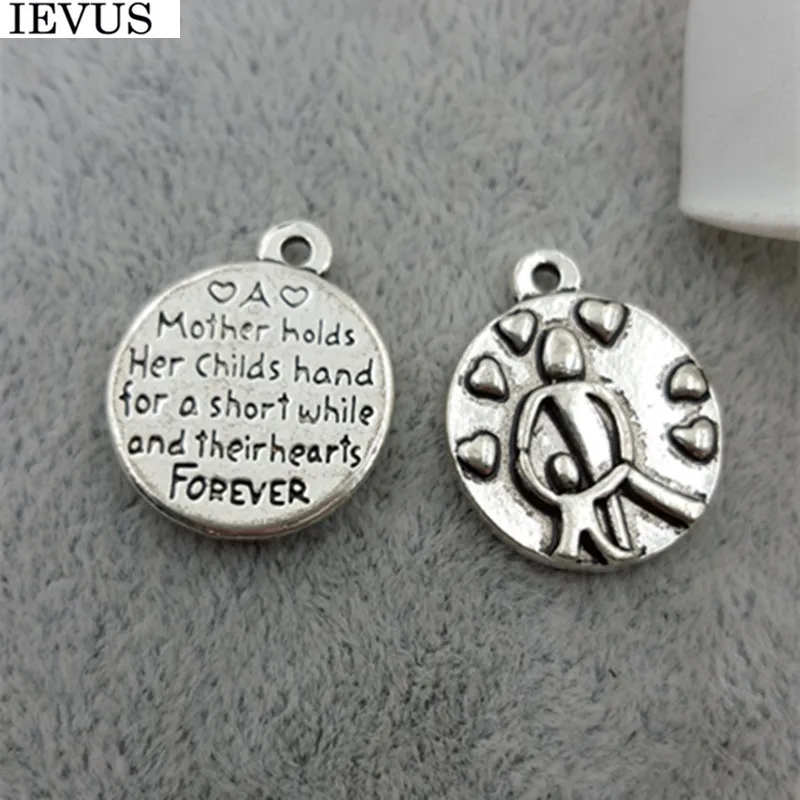 

Hot selling 10 piece diameter 17mm antique sliver plated round disc message charm mom charm words mother hold baby forever