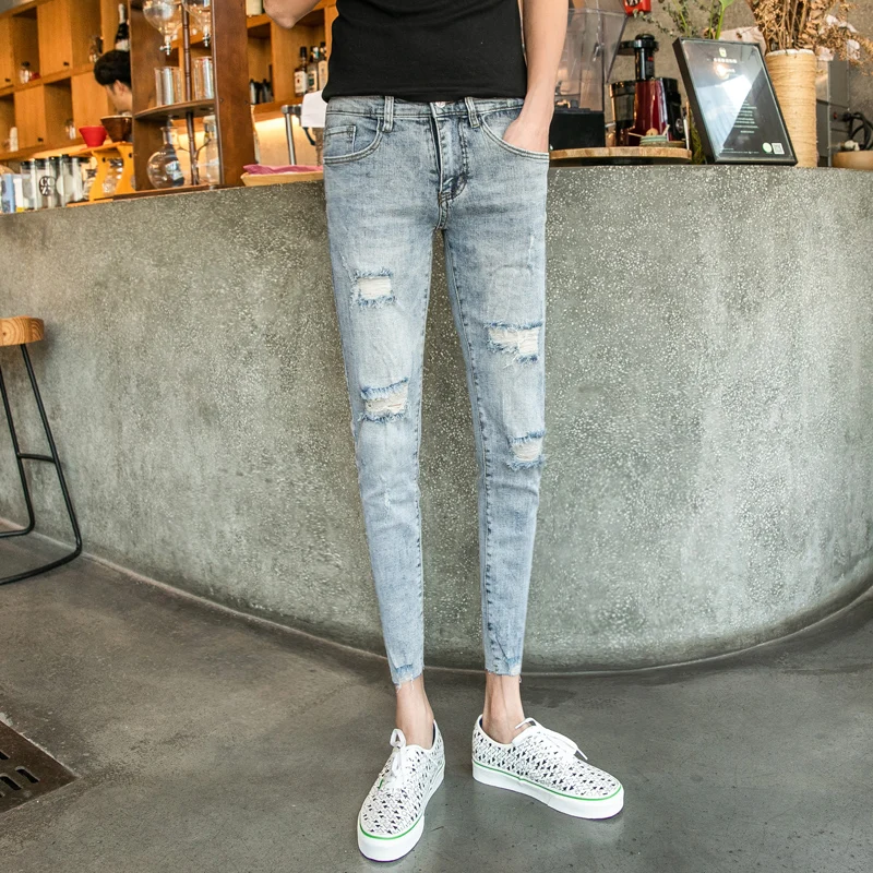 2019 Весенняя Новинка мужские рваные джинсы в Корейском стиле Тонкие Облегающие