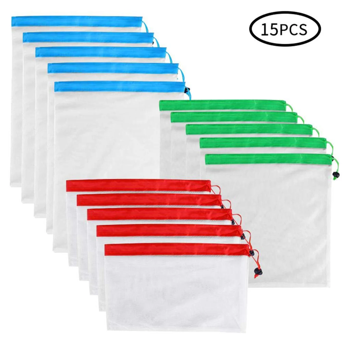 

Nosii 15 pcs 3 Sized Reusable Washable Drawstring Bag Grocery Kitchen Fruit Vegetable Food Drawstring Storage Bag Pouch Washable