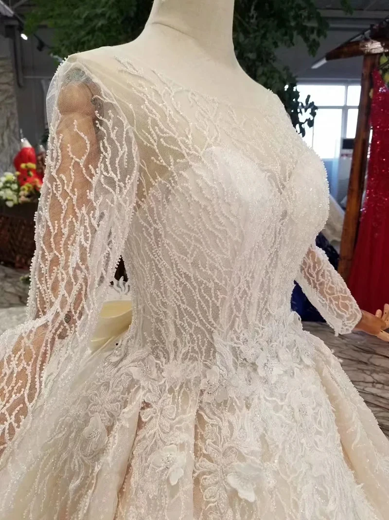 

LS11288 2020 new design wedding dresses with detachable train o-neck long sleeve lace up back bride dress wedding gown big bow
