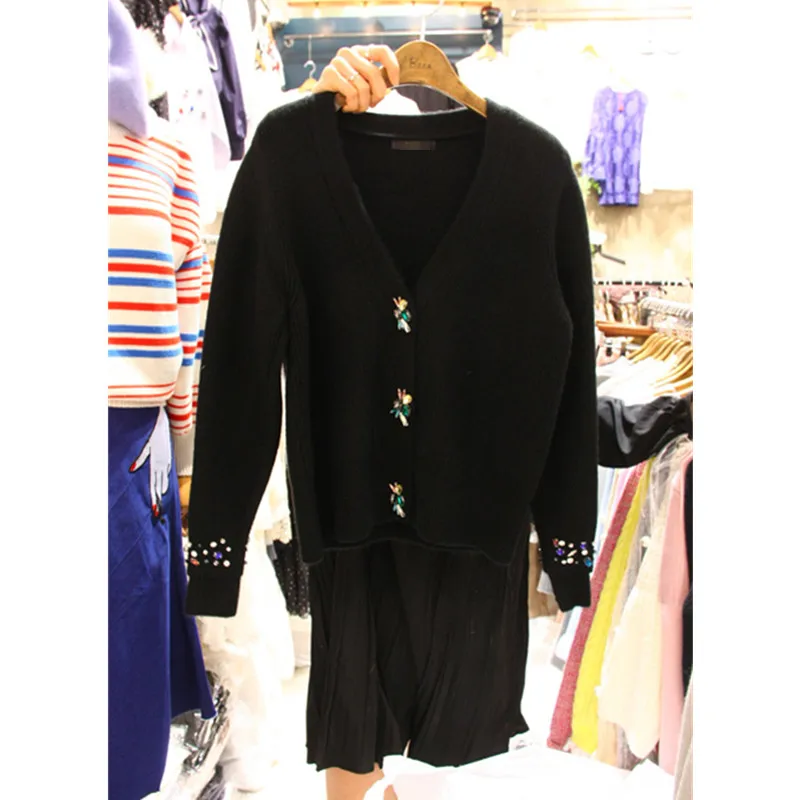 High Quality Diamond-studded V-Neck Ladies Cardigan Autumn Winter Knitted Sweater Women Short Cropped Tops |