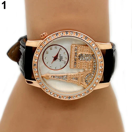 Hot Sales Women Fashion Eiffel Tower Crystal Dial Faux Leather Band Quartz Wrist Dress Watch 01V1 2VY8 | Наручные часы