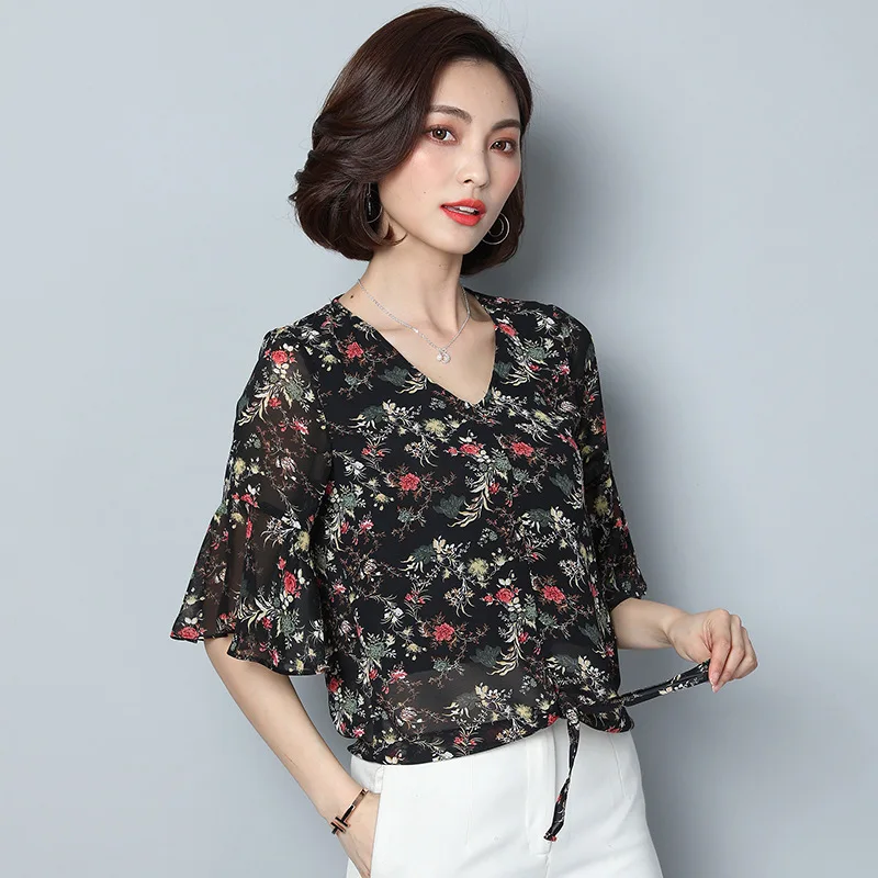 Summer Fashion Floral Loose Leisure Bohemian Wind Print Women Chiffon Shirts Blouses |