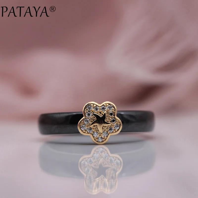 PATAYA, новинка 585, розовое золото, микро воск, инкрустация, натуральный циркон, черный, белый цвет, керамика, кольца для женщин, свадебный цветок, пентаграмма, хорошее ювелирное изделие
