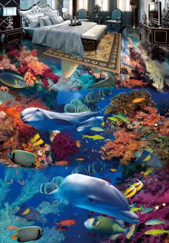 

3d flooring Coral dolphins wallpaper for walls 3 d kids room Living room bedroom bathroom self adhesive mural wallpaper floor