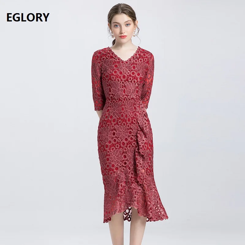 Платье миди с юбкой годе V образным вырезом и вышивкой|Женские платья| |