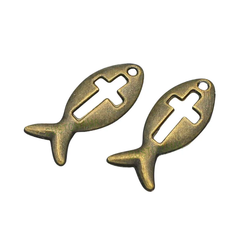 

150pcs-Antique Bronze Christian Fish with Cut Out Cross charm Pendants, Jesus Fish 21x9mm