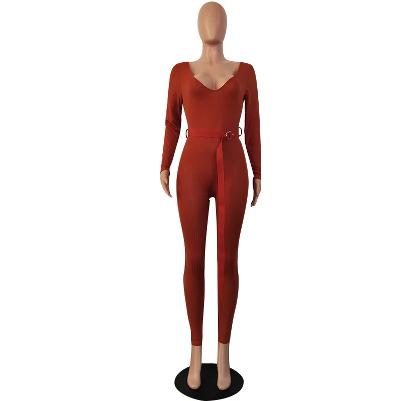 

Knit Ribbed Bodycon Jumpsuit Casual V Beck Long Sleeve Sexy Off Shoulder Jumpsuit Women Autumn Winter Body Overalls For Women