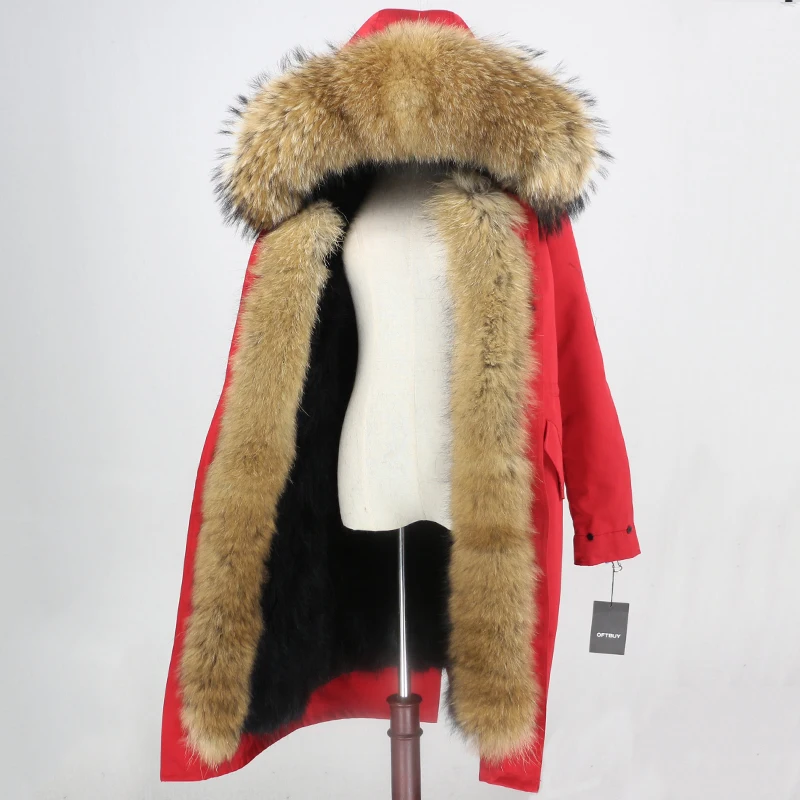 red black natural Верхняя одежда из водонепроницаемой ткани OFTBUY, длинная парка, зимняя куртка, женская шуба из натурального Лисьего меха, воротник из натурального меха енота, капюшон, уличная одежда - Цвет: red black natural