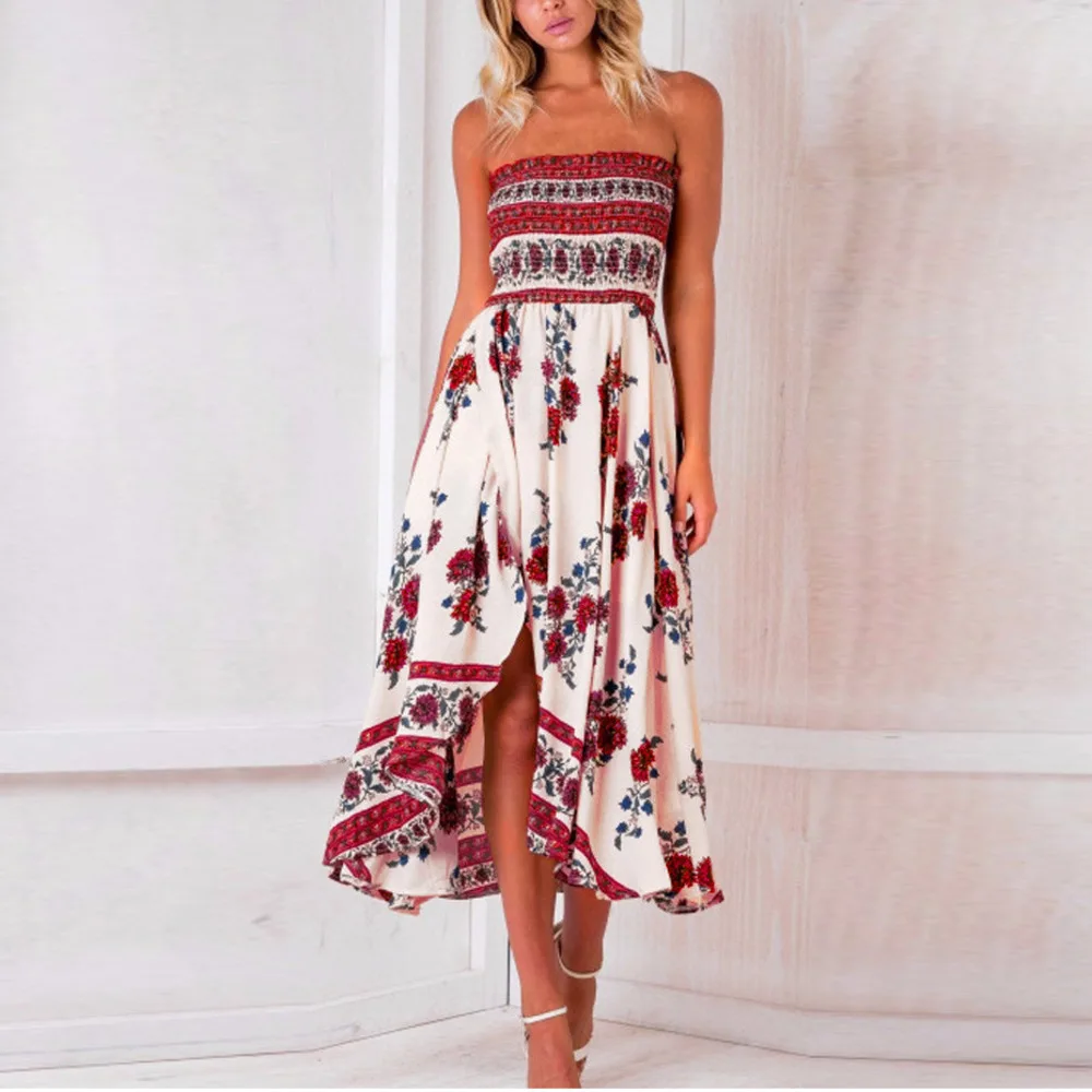 Loneyshow 2018 Summer Dress Women Slash Neck Sexy Holiday Printed Mid-Calf Length Dresses | Женская одежда