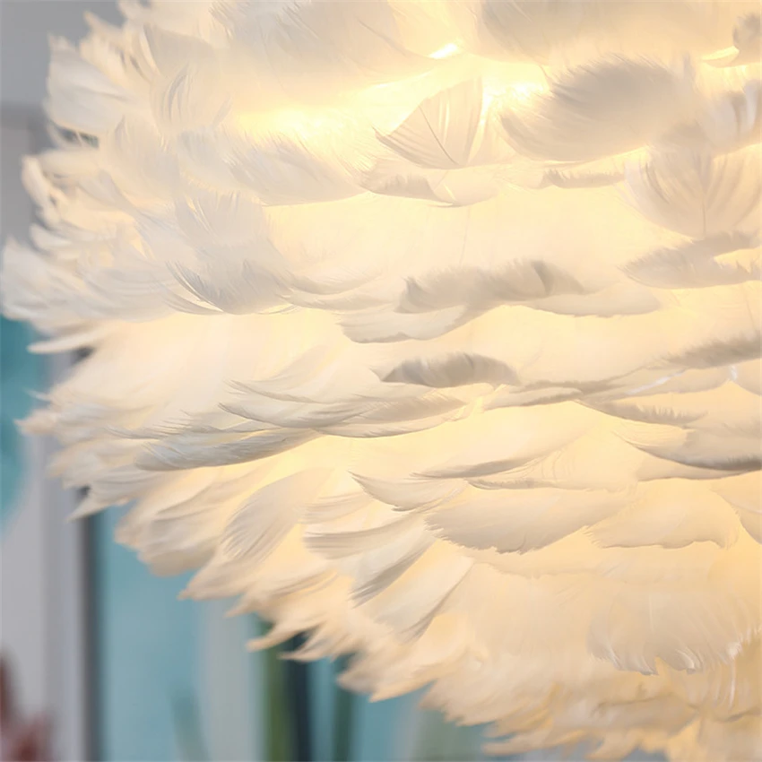Nordic White Feather Pendant Lights Princess Room Girl Bedroom Living Study Hanging Lamps Modern Children De Fixtures | Лампы и