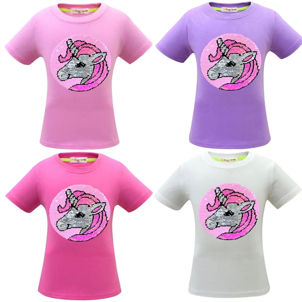 Футболка с единорогом летняя одежда для маленьких девочек Camiseta Unicornio, футболка топы для девочек, Femme, Детская футболка, Enfant, для дня рождения, цветная, с блестками
