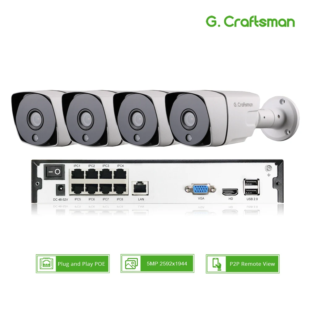 Умный 4ch 5MP POE IP системный комплект для фотокамеры H.265 безопасности с 8ch POE NVR на открытом воздухе Водонепроницаемый CCTV Cam Видео сигнала тревоги P2P г. мастер