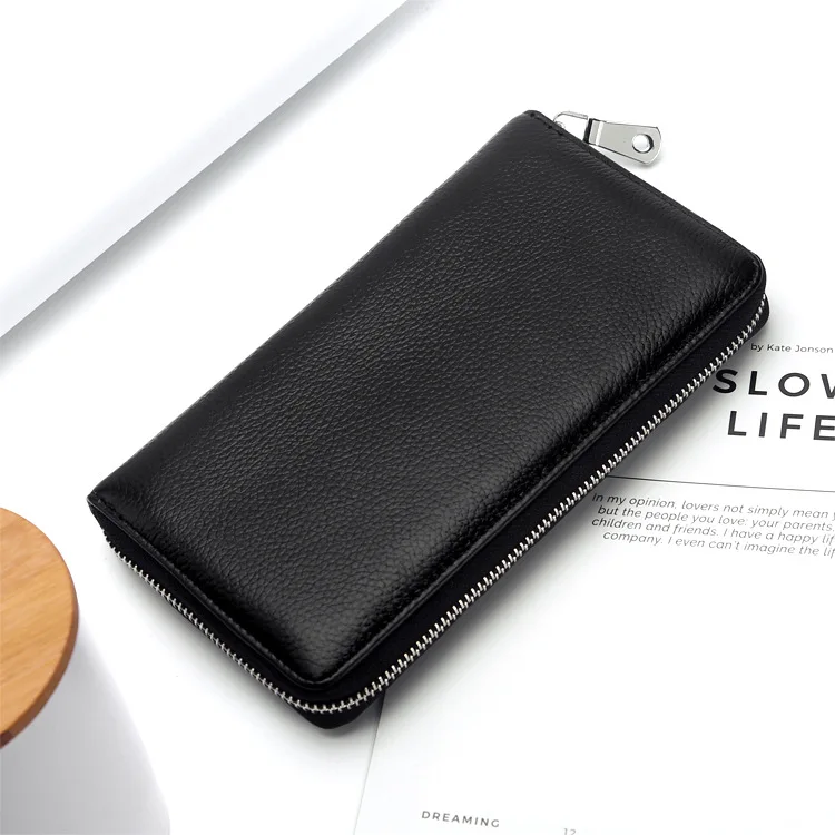Модный минималистичный кошелек из натуральной воловьей кожи для женщин и мужчин, большой длинный паспорт, дорожные кошельки, клатч для карт, кошелек на молнии - Цвет: Черный