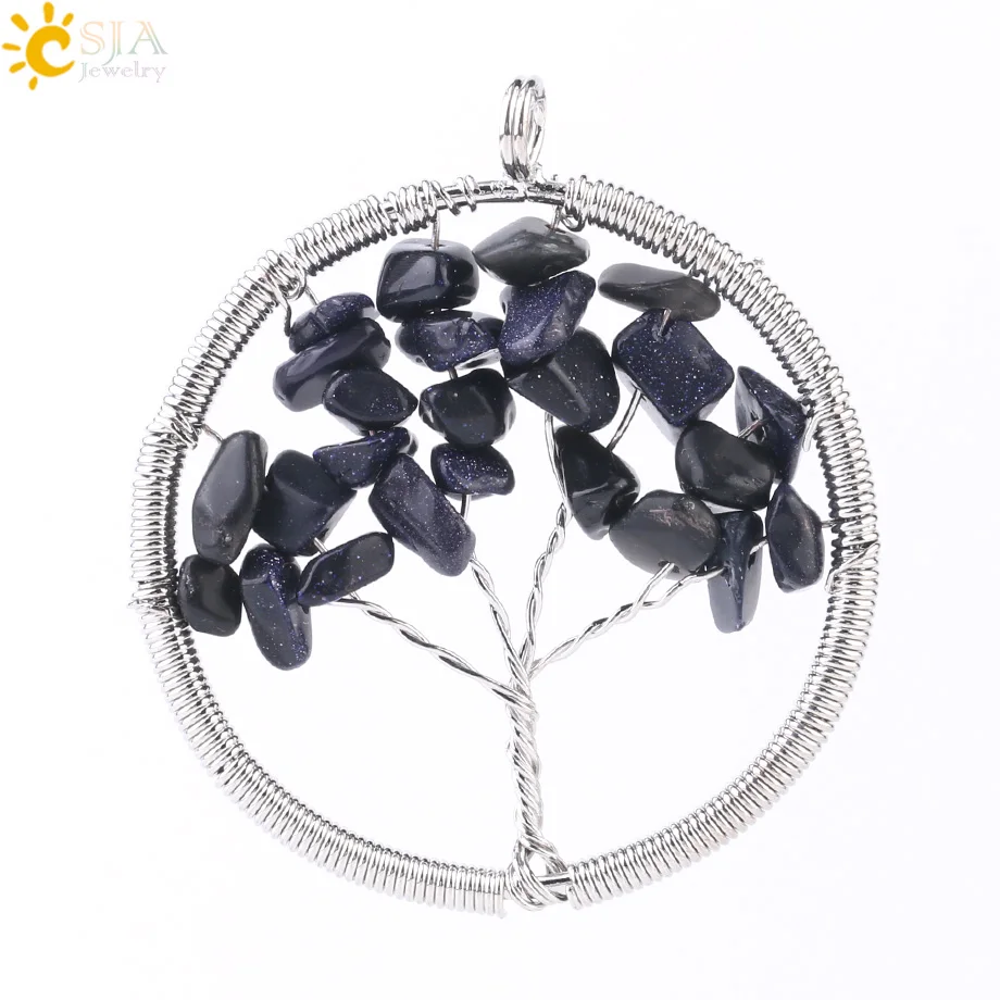 Blue Sand CSJA Wisdom Life Tree натуральный драгоценный камень подвесной рейки лечебный Кристал, кварц чип шарик Радуга ручной работы ювелирные изделия подарок для женщин E055 - Окраска металла: Blue Sand