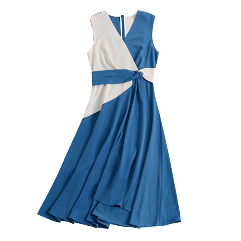 2019 новые летние Для женщин платье синий + белый Цвет лоскутный блок без рукавов с