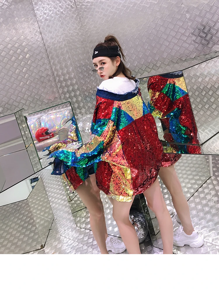 SexeMara/Модная Новинка; разноцветная джинсовая куртка свободного кроя с блестками;