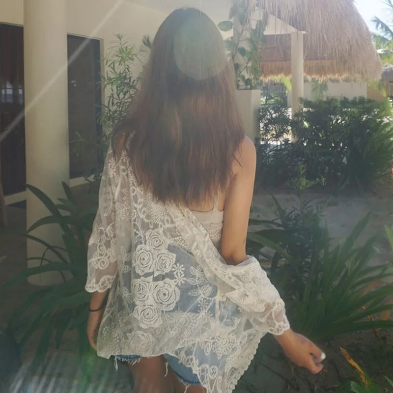 Женская кружевная блузка с вышивкой ажурный цветочный милый кардиган