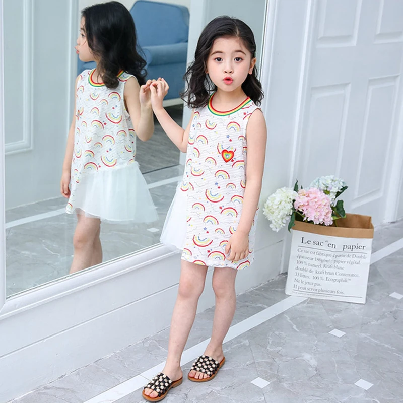 Rainbow Girl Dresses Patchwork Mesh White Kid A-line Sleeveless Princess Fairy Dressing for Girls Children's Clothing | Детская