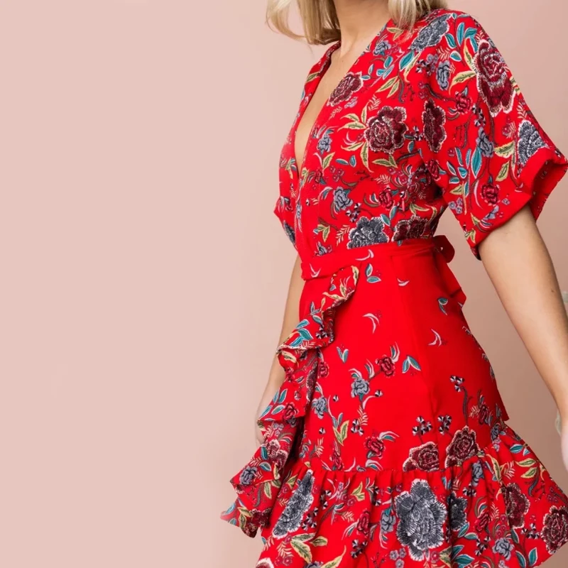 Women dress half sleeve floral red ruffle vestidos mini beach dresses korean fashion summer 2018 womens clothes | Женская одежда