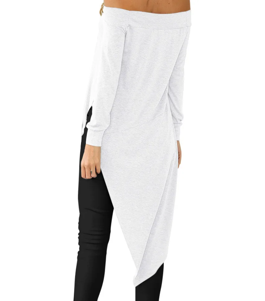 Зимние Для женщин блузки с вырезом лодочкой Asymmetrical Tunic повседневная женская обувь рубашки Blusa пикантные с открытыми плечами осень Топ Плюс Размеры GV1026