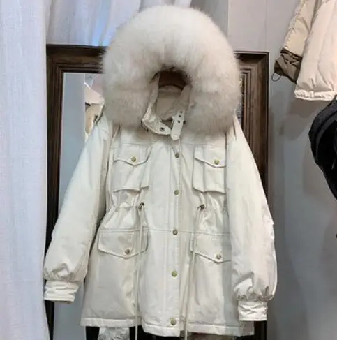 white fur Пуховик на утином пуху зимняя куртка женские пуховики Утепленные Пальто женские с капюшоном из натурального меха енота однотонные куртки - Цвет: white fur