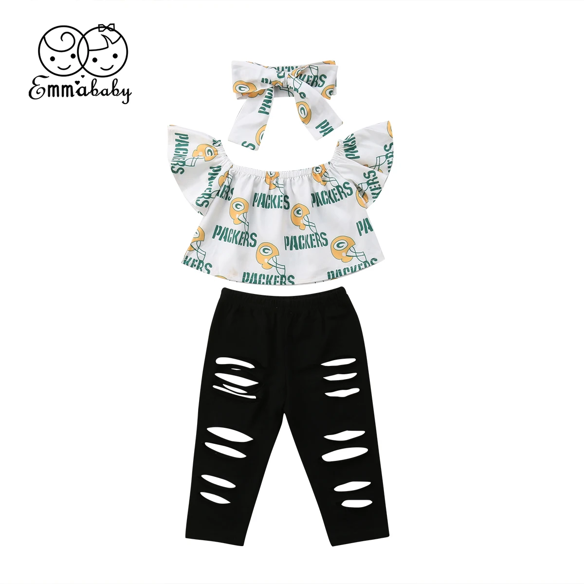 Emmababy новые модные детские топы с открытыми плечами для девочек рваные Леггинсы Брюки комплекты одежды
